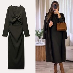 Zara Dark Green Sleeves Midi Dress
